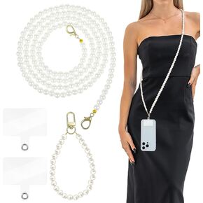 2PCS Pearl Phone Lanyard, Anti-Lost Pearl Beaded Hand-Free Phone Wrist Strap Detachable Crossbody Phone Chain with 2PCS Tether Pads for Camera Wallet Keychain Shoulder Bag
