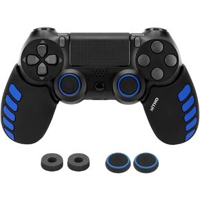 NiTHO Controller Silicone Case Grip Set for PS4, Rubber Protector Handle Grip with 2X Joystick Thumb Grip Caps and 2X Analog Precision Rings, Compatible with PS4 /Slim/Pro Controller - Blue Stripe