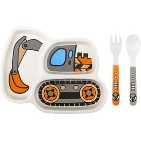 Kid Plate Set,Melamine Toddler Dinnerware Set,Baby Feeding Spill Proof Divided Plate,Baby Spoon and fork 3-Piece Set for Kids and Toddlers