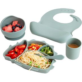 CARTMAN Silicone Baby Feeding Set,Baby Led Weaning Bundle,Suction Bowl, Spoons, Bib & Cup, Develops Self Feeding Skills, Dishwasher Safe