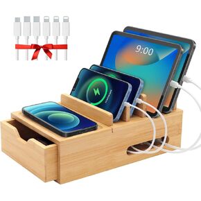 Bamboo Charging Station for Multiple Devices, Desk Charging Organizer with Drawer & Tray, Wood Docking Station Included 6 Cables, Compatible with Apple Devices, Cell Phone, Tablet (No USB Charger)