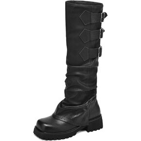 Knee High Boots for Women Fold Over Boots Slouchy Square Toe Biker Boots Platform Riding Boots Gothic Moto Buckle Boots