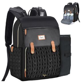 Baby Diaper Bag Backpack - Waterproof Leather Diaper Bags, Quilted Diaper Backpack with Changing Pad, Insulated Pockets, Stroller Buckle, Travel Essentials Baby Bag for Mom Dad, Black