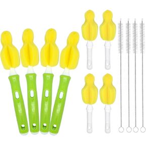 INVODA 12 Piece Sponge Nipple Bottle Brushes, Baby Bottle Brush with 4 Piece Nipple Cleaner, 4 Piece Replacement Heads and 4 Piece Straw Brushes