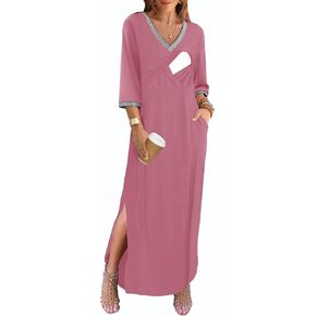 Womens Nursing Dresses 3/4 Long Sleeve Striped V Neckline Loose Fit Split Beach Long Maxi Dress with Pockets