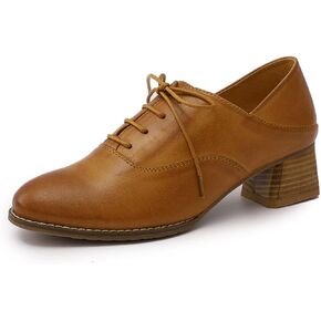 Mona flying Women's Leather Mid Chunky Heel Oxfords Lace up Dress Pumps Shoes for Ladies