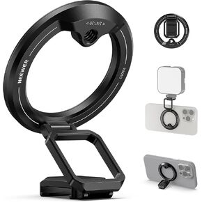 Neewer Magnetic Phone Tripod Mount Compatible with MagSafe iPhone 15 Pro Max Samsung Galaxy Google Pixel, Foldable Phone Rig Holder w/Cold Shoe 1/4" Thread Adhesive Ring for Video Recording, PA030