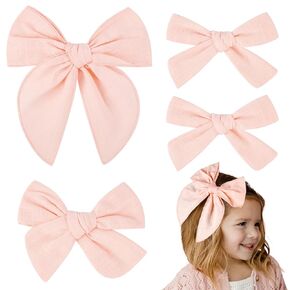 DEEKA 4 PCS Blue Cotton Linen Hair Bows 3 Styles 5" & 4" Handmade Hair Bow set for Toddler Girls Alligator Hair Clips Knot Bows Hair Accessories for Little School Girls (Blue)