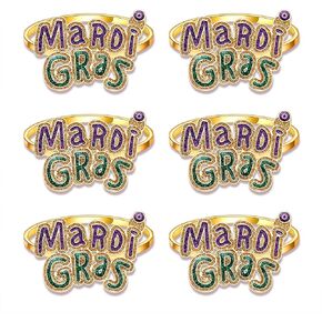 6PCS Mardi Gras Napkin Rings, Glitter Mask Fleur De Lis Napkin Ring for Table Setting, Fat Tuesday Napkin Holder Rings Masquerade Party Serviette Buckles Table Decor (Mardi Gras 2)