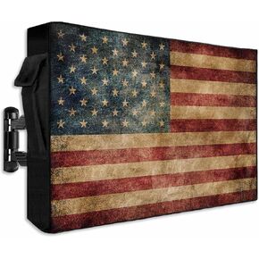 American Flag Outdoor TV Cover for 52 to 55 Inch, Weatherproof & Waterproof Vintage Red Striped Outside TV Covers with Remote Pockets, Rustic Star US Flag Outdoor TV Enclosure for LED, LCD TVs