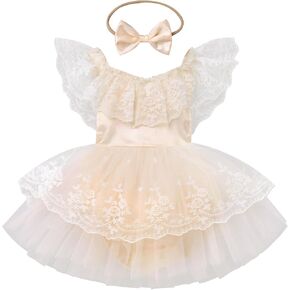 FYMNSI Infant Baby Girl 1st Birthday Outfit Floral Lace Tulle Romper Tutu Dress Headband 2PCS Bodysuit Princess Summer Clothe