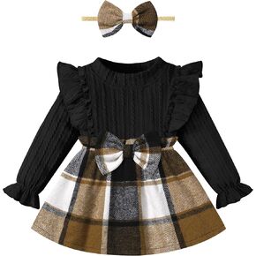 Baby Girl Clothes Infant Dress Plaid Ruffle Long Sleeve Dresses + Headband Cute Fall Winter Baby Dress
