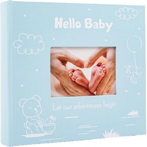 Happy Homewares Cute Hello Baby Blue Photo Album Holds 80 Photographs with Front Cover Picture | Space to Personalise a Message