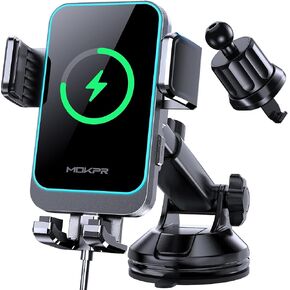 Wireless Car Charger, MOKPR 15W Fast Charging Auto Clamping Dashboard Windshield Air Vent Car Phone Holder with LED Light Car Charger for iPhone 16 15/14/13/12 Pro Max Plus, Samsung S23/S22/S21,etc