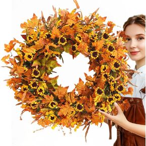 28.5" Large Fall Wreaths for Front Door, Orange Autumn Flowers Wreaths with Sunflowers Pumpkins Maple Leaves Fall Decorations for Home Outdoor Farmhouse Harvest Thanksgiving Decor