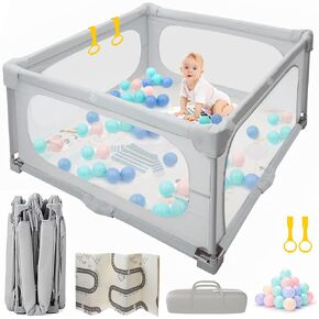 Baby Playpen with Mat, Folding Playpen for Toddler, Baby Play Pen Portable Play Yard, 50PCS Ocean Balls and 2 Handlers, 50" X 50", Grey