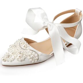Women's Wedding Flat Pearl Rhinestone Pointed Toe Ivory Satin Ribbon Tie Bridal Shoes