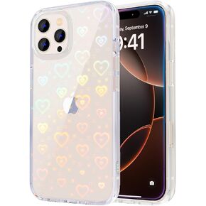 for iPhone 16 Pro Max Case, Clear Cute Glitter Laser Holographic Heart Pattern for Women Girls, Anti-Yellow Hard PC Protective Cover Phone Case for Apple iPhone 16 ProMax, Rainbow Heart