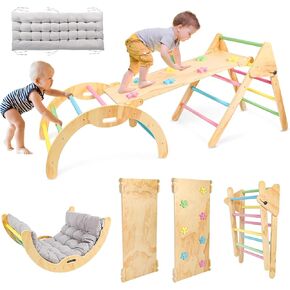 Pikler Triangle Set with Cushion, 7 in 1 Wooden Climbing Toys for Toddlers 1-3 Inside, Toddler Climbing Toys Indoor with Ramp, Arch and Ladder, Montessori Foldable Climbing Set for Toddlers and Kids
