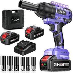 Elikliv Cordless Brushless Impact Wrench 1/2 inch, Max Torque 1000N.m, 740Ft-lbs 21V Electric Power Impact Gun, 2x 4000mAh Battery, Fast Charger, 4 Sockets set, Power Impact Driver for Car Tires Home