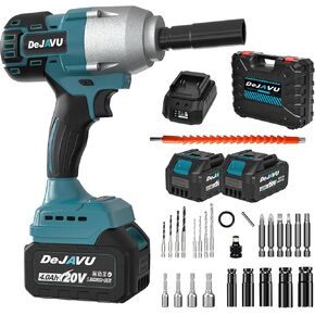 Cordless Impact Wrench,590 Ft-lbs Brushless Impact Wrench Kit, 3000RPM High Torque 1/2 Impact Gun, Two 4.0Ah Li-ion battery with fast charger, 6 Impact sockets, drill chuck, Electric drill set