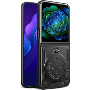 Ysnzaq Armor Case for Motorola Razr 50 Ultra/Razr+ 2024, Lens Sliding Phone Cover with Magnetic Coil Bracket for Motorola Razr+ 2024 /Razr 50 Ultra CQ Black