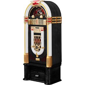 x Elvis Presley Jukebox Saturn V Full Size Bluetooth Vinyl Record Jukebox CD Player Vintage Radio Retro Turntable Classic Jukebox with Black Stand (Elvis Saturn V + Stand - Black)