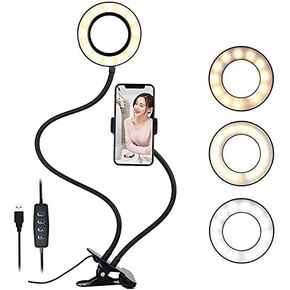 Clip on Light Reading Lights with Cell Phone Holder,Eye Protection Kids Desk Lamp, 360 ° Flexible Gooseneck Selfie Ring Light， LED Makeup Mirror Lights… (Selfie Ring Light with Cell Phone Holder)