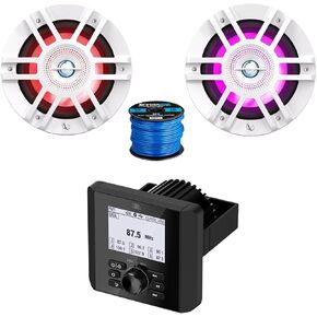 Bluetooth AM/FM Radio IP66 Multi-Element Digital Media Marine Audio Receiver Bundle Combo with 1 Pair (Qty 2) of 6.5" 300 Watt Peak Power 2-Way Coaxial RGB LED White Boat Speakers, Speaker Wire
