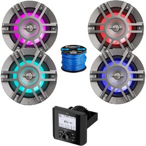 Bluetooth AM/FM Radio IP66 Multi-Element Digital Media Marine Audio Receiver Bundle Combo with 2 Pair (Qty 4) of 6.5" 300W Peak Premium 2-Way Coaxial Boat RGB LED Titanium Speakers, Speaker Wire