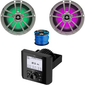 Bluetooth AM/FM Radio IP66 Multi-Element Digital Media Marine Audio Receiver Bundle Combo with 1 Pair (Qty 2) of 6.5" 225 Watt Waterproof Coaxial RGB LED Titanium Boat Speakers, Speaker Wire