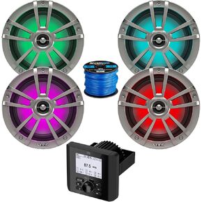 Bluetooth AM/FM Radio IP66 Multi-Element Digital Media Marine Audio Receiver Bundle Combo with 2 Pair (Qty 4) of 6.5" 225 Watt Waterproof Coaxial Boat RGB LED Titanium Speakers, Speaker Wire