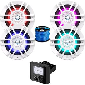 Bluetooth AM/FM Radio IP66 Multi-Element Digital Media Marine Audio Receiver Bundle Combo with 2 Pair (Qty 4) of 6.5" 300 Watt Peak Power 2-Way Coaxial RGB LED White Boat Speakers, Speaker Wire