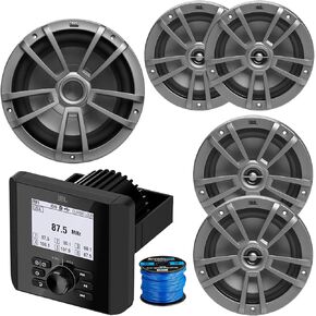 Marine Bluetooth AM/FM Radio Digital Media Receiver, 10" Gray Subwoofer, 2X 8 375 Watt 2-Way Boat Audio Gray Speakers, 2X 6.5 180 Watt Max 2-Way Multi-Element Gray Speakers w/Wire