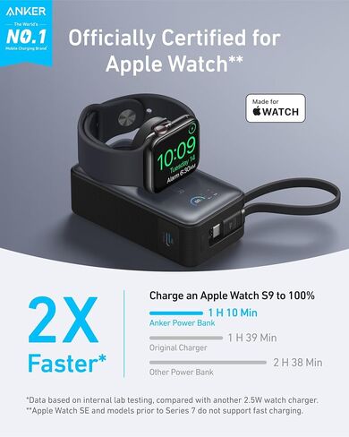 بنك الطاقة Anker MagGo لساعة Apple، حزمة بطارية مدمجة معتمدة رسميًا بقدرة 10,000 مللي أمبير في الساعة مع كابل USB-C مدمج، 35 وات كحد أقصى، لسلسلة iPhone 16/15، وiPad، وAirPods، والمزيد in Saudi Arabia