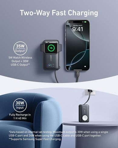بنك الطاقة Anker MagGo لساعة Apple، حزمة بطارية مدمجة معتمدة رسميًا بقدرة 10,000 مللي أمبير في الساعة مع كابل USB-C مدمج، 35 وات كحد أقصى، لسلسلة iPhone 16/15، وiPad، وAirPods، والمزيد in Saudi Arabia