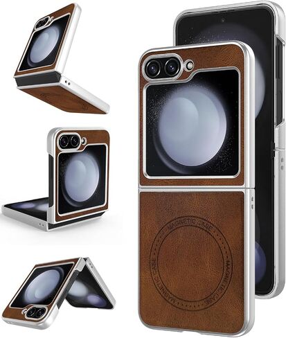 for Samsung Galaxy Z Flip 6 5G Leather Case, [Compatible with MagSafe] PU Leather + Hard PC Shell Slim Durable Protective Phone Case Cover for Samsung Galaxy Z Flip6 5G 2024 (Brown) in Saudi Arabia