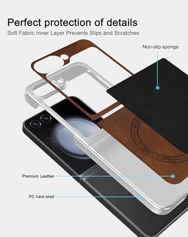 for Samsung Galaxy Z Flip 6 5G Leather Case, [Compatible with MagSafe] PU Leather + Hard PC Shell Slim Durable Protective Phone Case Cover for Samsung Galaxy Z Flip6 5G 2024 (Brown) in Saudi Arabia