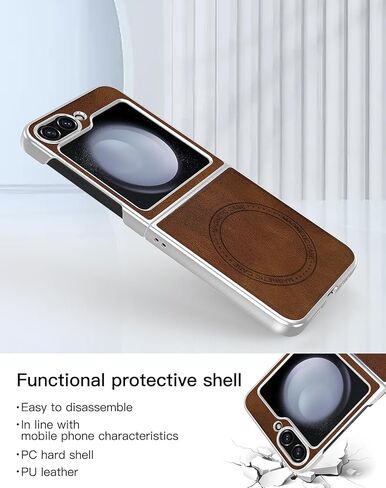 for Samsung Galaxy Z Flip 6 5G Leather Case, [Compatible with MagSafe] PU Leather + Hard PC Shell Slim Durable Protective Phone Case Cover for Samsung Galaxy Z Flip6 5G 2024 (Brown) in Saudi Arabia