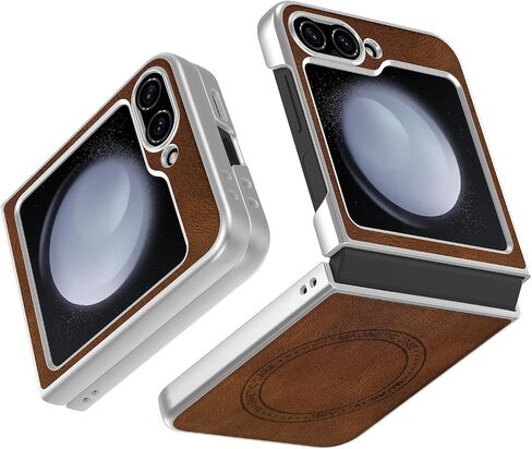 for Samsung Galaxy Z Flip 6 5G Leather Case, [Compatible with MagSafe] PU Leather + Hard PC Shell Slim Durable Protective Phone Case Cover for Samsung Galaxy Z Flip6 5G 2024 (Brown) in Saudi Arabia