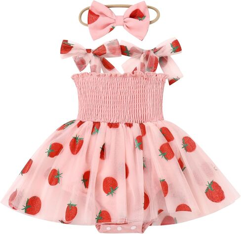 AWIBMK Baby Girls 1st Birthday Colorful Dots Daisy Strawberry Ruffle Romper Tulle Dress with Headband Cake Smash Outfit in Kuwait
