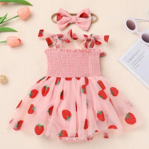 AWIBMK Baby Girls 1st Birthday Colorful Dots Daisy Strawberry Ruffle Romper Tulle Dress with Headband Cake Smash Outfit in Kuwait