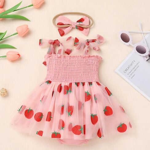 AWIBMK Baby Girls 1st Birthday Colorful Dots Daisy Strawberry Ruffle Romper Tulle Dress with Headband Cake Smash Outfit in Kuwait