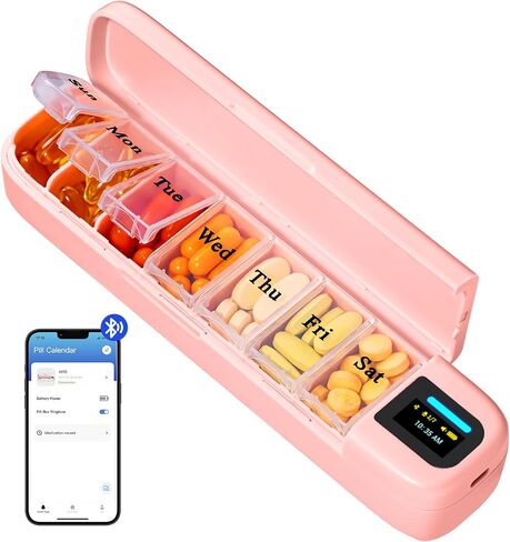 Daviky Smart Pill Organizer with Alarm, Bluetooth Daily Once a Day Pill Dispenser 7 Day with APP, Weekly Travel Pill Case, Portable Pill Reminder for Medicines, Supplements and Vitamins (White) in Kuwait