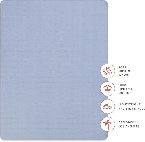 Babyletto 100% Organic Cotton All-Stages Midi Crib Sheet, GOTS-Certified, Fitted 360°, Ultra-Soft and Breathable Muslin - Dewdrop Blue in Saudi Arabia