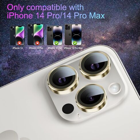 واقي عدسة الكاميرا لهاتف iPhone 14 Pro/iPhone 14 Pro Max، غطاء عدسة حلقية من سبائك الألومنيوم من الزجاج المقسى الفردي مع صينية تثبيت مناسبة لهاتف iPhone 14 Pro/14 Pro Max ذهبي in Kuwait