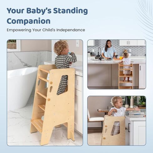 برج يقف طفل صغير | مقعد ذو ارتفاع قابل للتعديل لتعلم المطبخ والمساعدة في العداد | حامل أطفال مضاد للانزلاق مع حاجز أمان وأقدام | برج تعليم مونتيسوري للأطفال (رمادي) in Kuwait