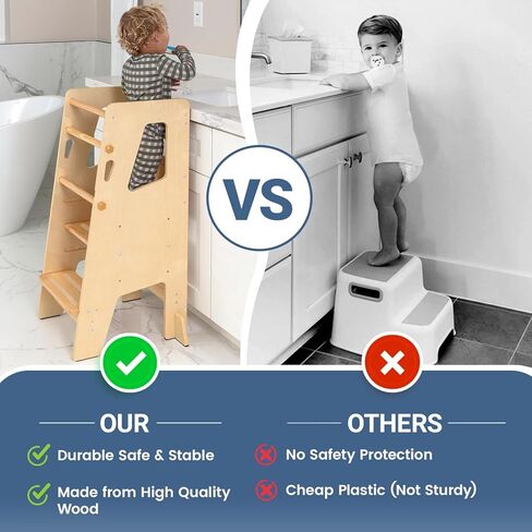 برج يقف طفل صغير | مقعد ذو ارتفاع قابل للتعديل لتعلم المطبخ والمساعدة في العداد | حامل أطفال مضاد للانزلاق مع حاجز أمان وأقدام | برج تعليم مونتيسوري للأطفال (رمادي) in Kuwait