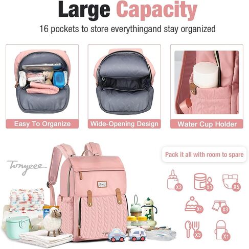 Baby Diaper Bag Backpack - Waterproof Leather Diaper Bags, Quilted Diaper Backpack with Changing Pad, Insulated Pockets, Stroller Buckle, Travel Essentials Baby Bag for Mom Dad, Black in Saudi Arabia