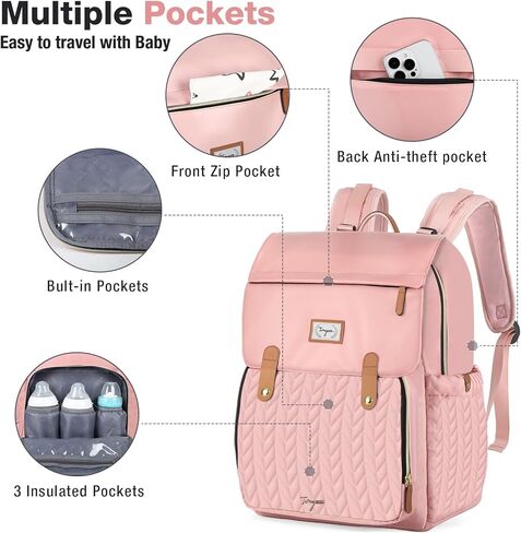 Baby Diaper Bag Backpack - Waterproof Leather Diaper Bags, Quilted Diaper Backpack with Changing Pad, Insulated Pockets, Stroller Buckle, Travel Essentials Baby Bag for Mom Dad, Black in Saudi Arabia